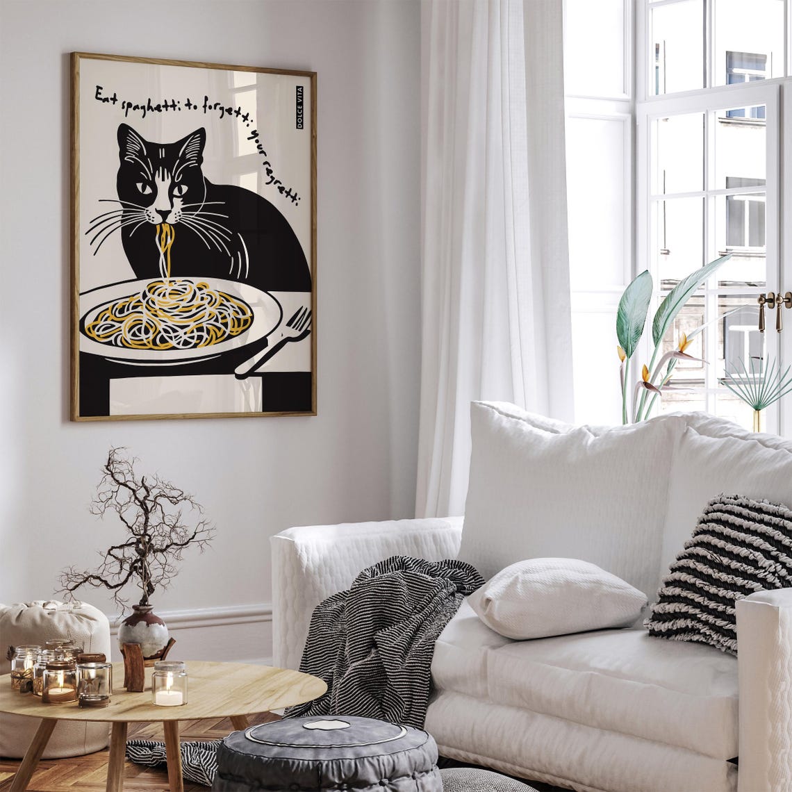 Black Cat Spaghetti Poster Dolce Vita Eat Spaghetti To Forget Regretti - Image 3