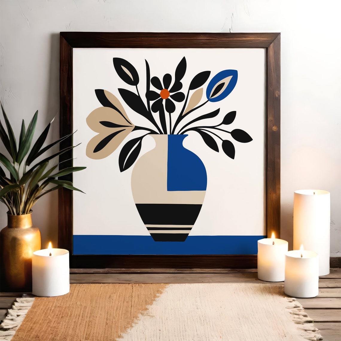 Blue Beige Geometric Vase Floral Minimalist Square Art Print - Image 6