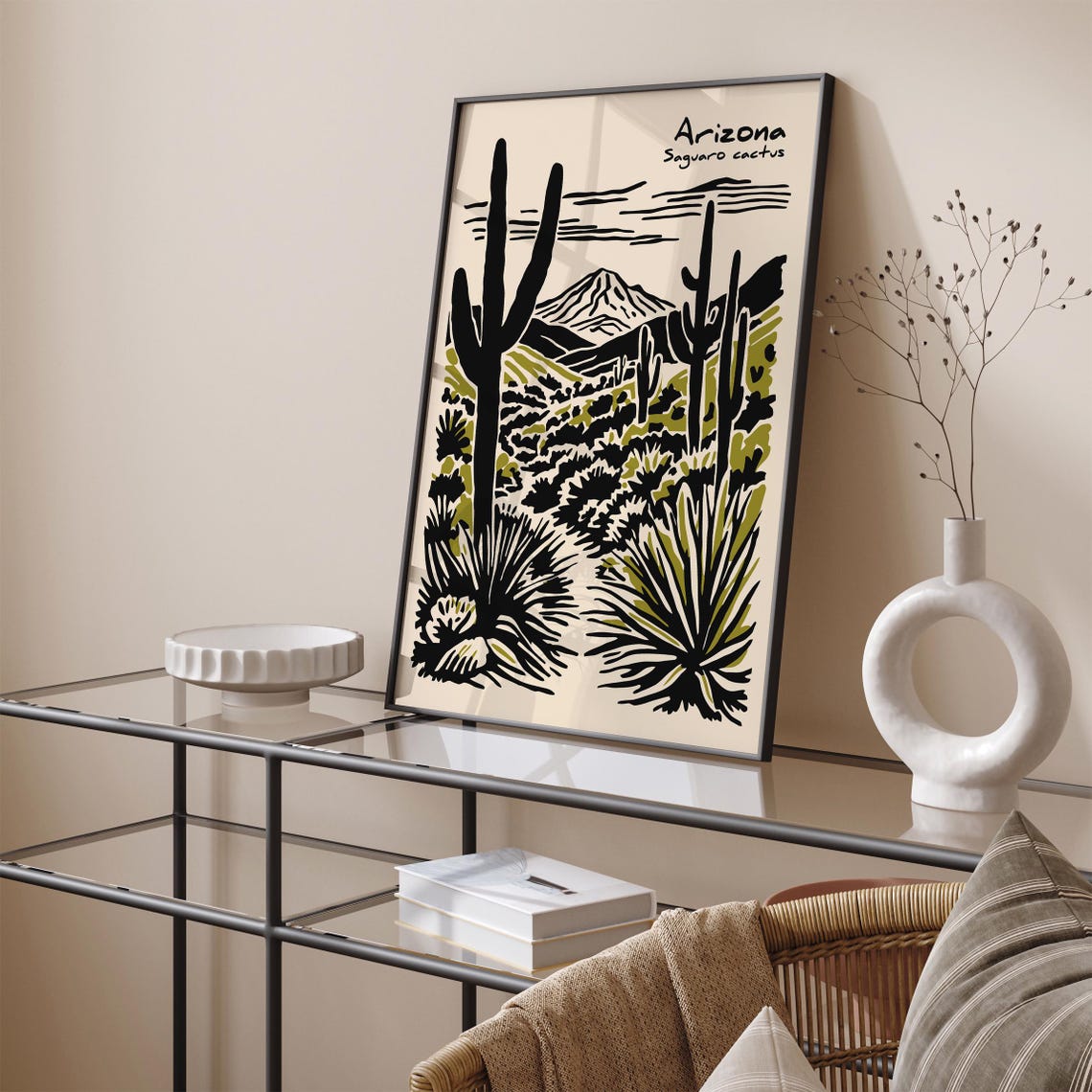 Arizona Saguaro Cactus Desert Landscape Linocut Travel Poster - Image 4