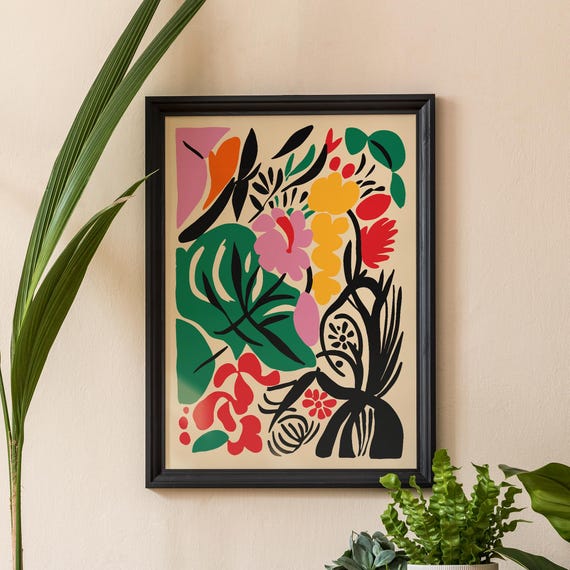 Vibrant Abstract Floral Art Print Colorful Botanical Poster Modern Wall Art Henri Matisse Inspired Bold Flower Illustration Retro Print