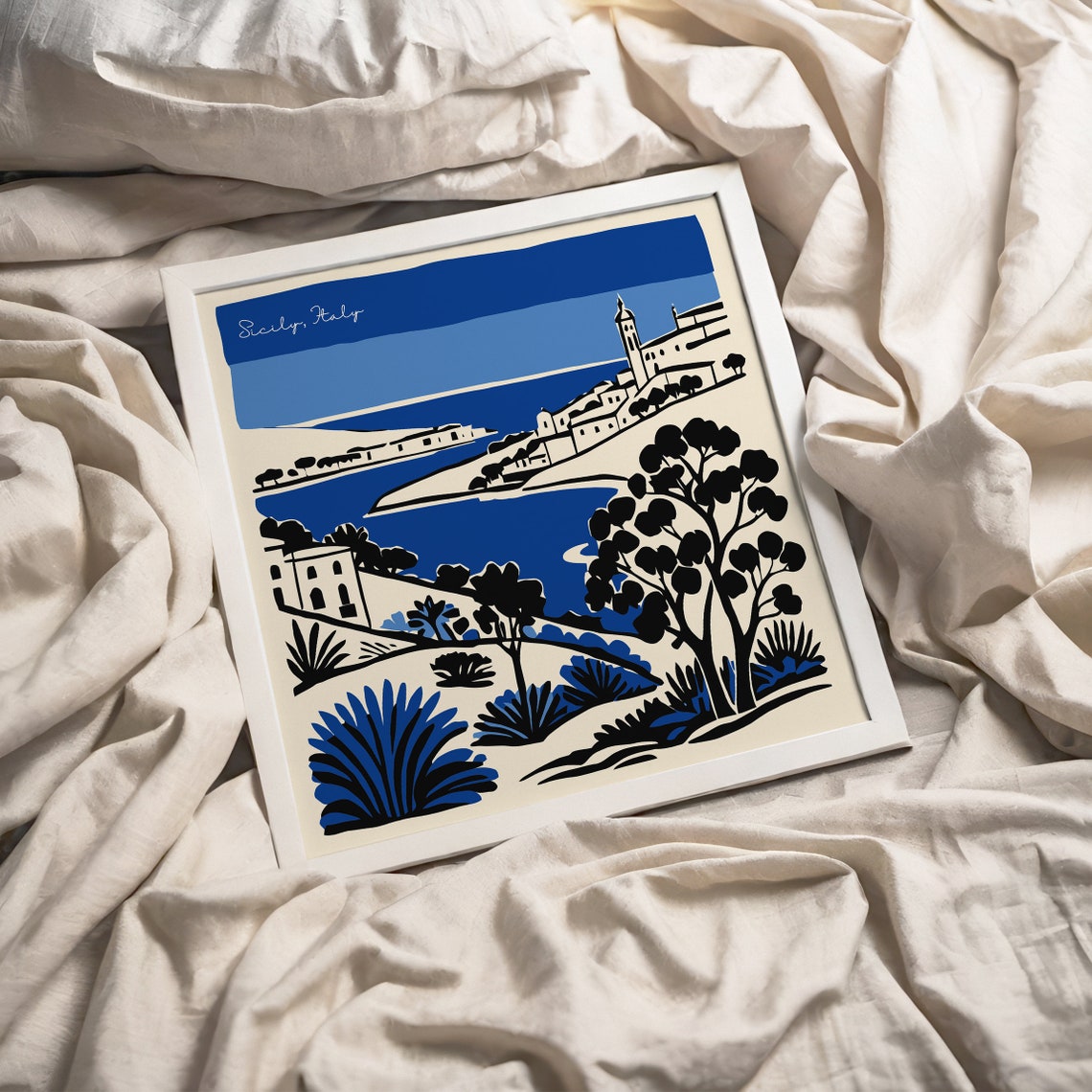 Lovely Sicily Italy Coastal Village Indigo Ink Illustration Poster - Image 3