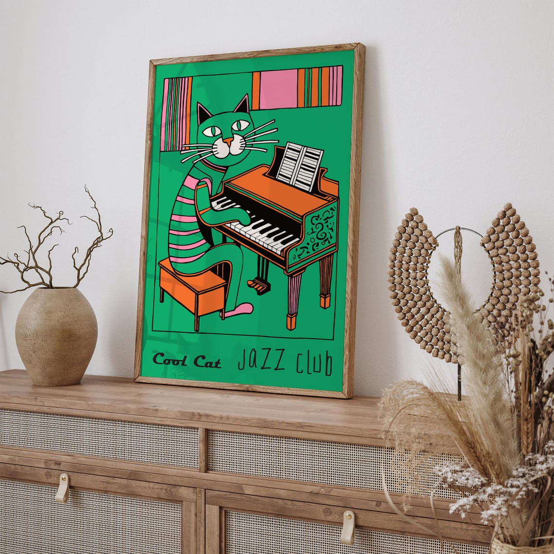 Cool Cat Jazz Club Green Cat Playing Piano Whimsical Music Poster - Image 2