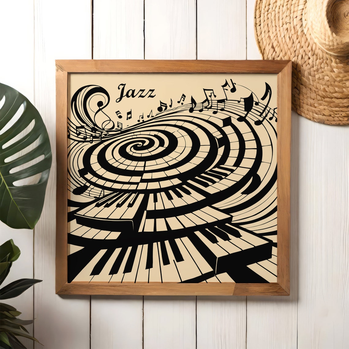 Retro Jazz Piano Keys Swirling Musical Notes Square Wall Art - Image 2
