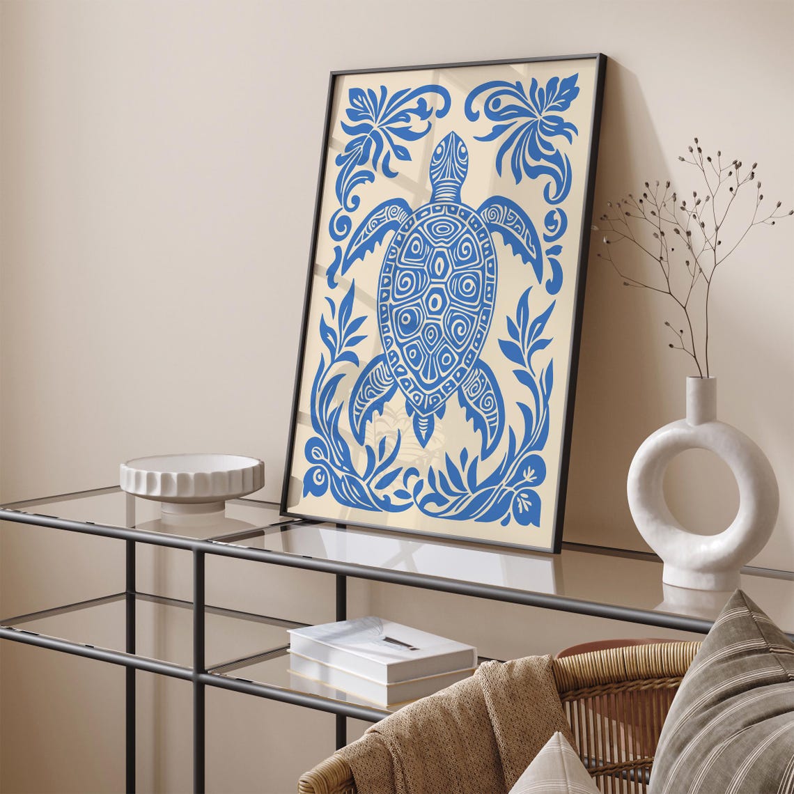 Blue Patterned Sea Turtle Folk Art Ocean Animal Wall Decor Poster - Image 5