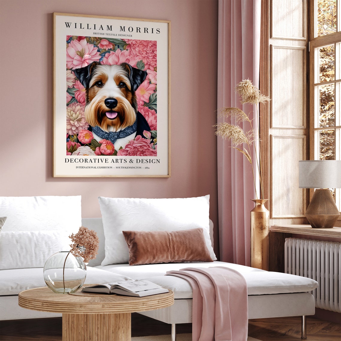 William Morris Happy Scruffy Dog Pink Peony Floral Art Poster - Image 5