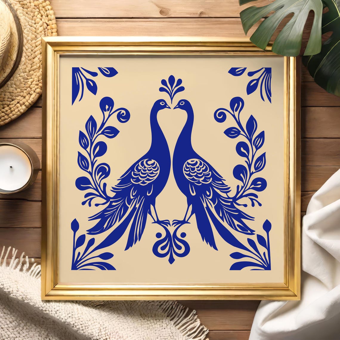 Art Nouveau Blue Peacocks Symmetrical Square Decorative Poster