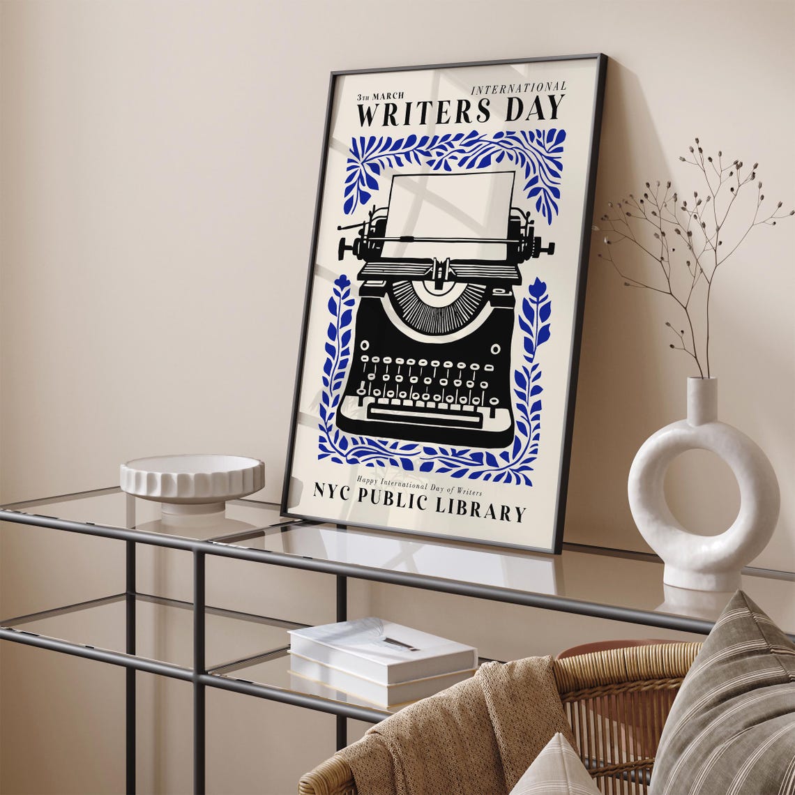 Gift International Writers Day Black Typewriter Blue Leaf Poster - Image 5