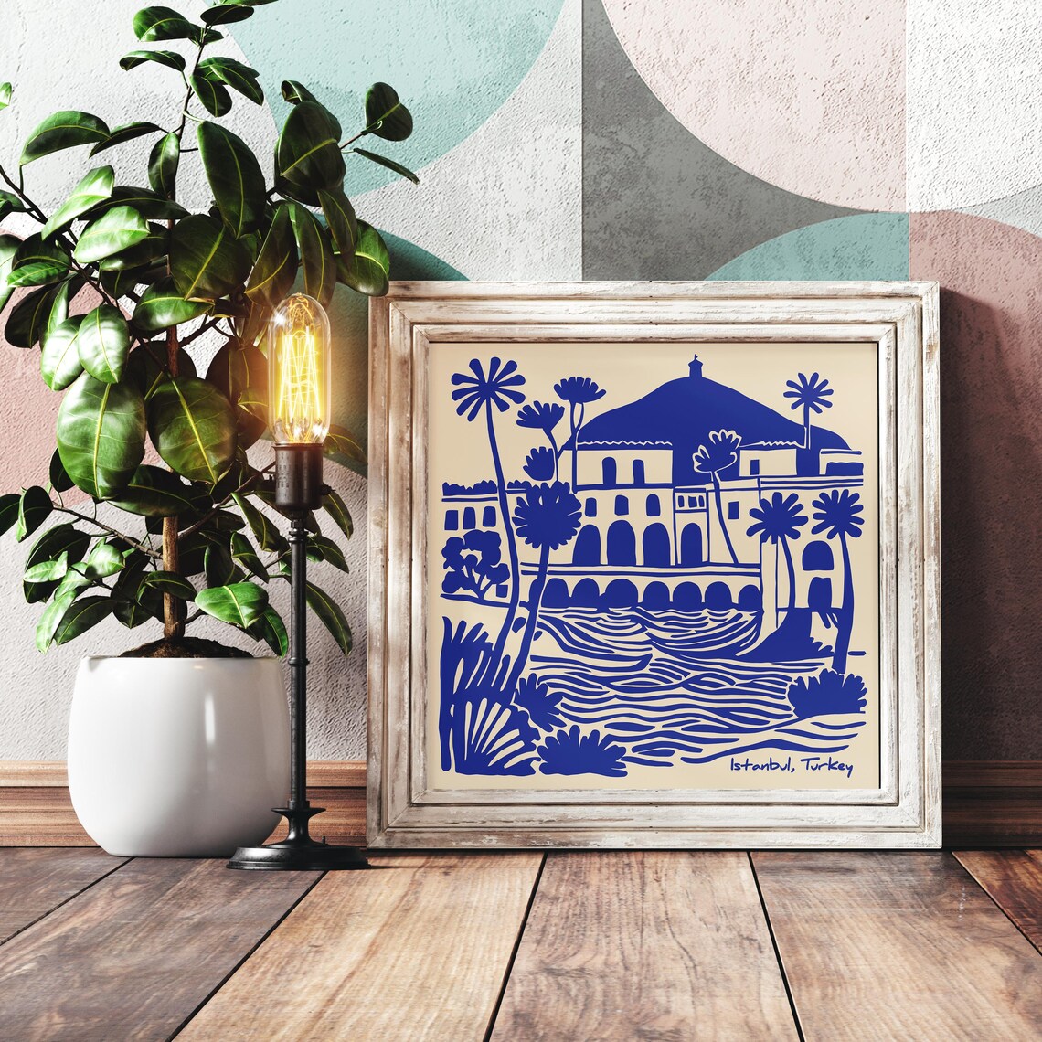 Istanbul Turkey Blue Ink Waterfront Buildings Travel Art Poster - Image 2