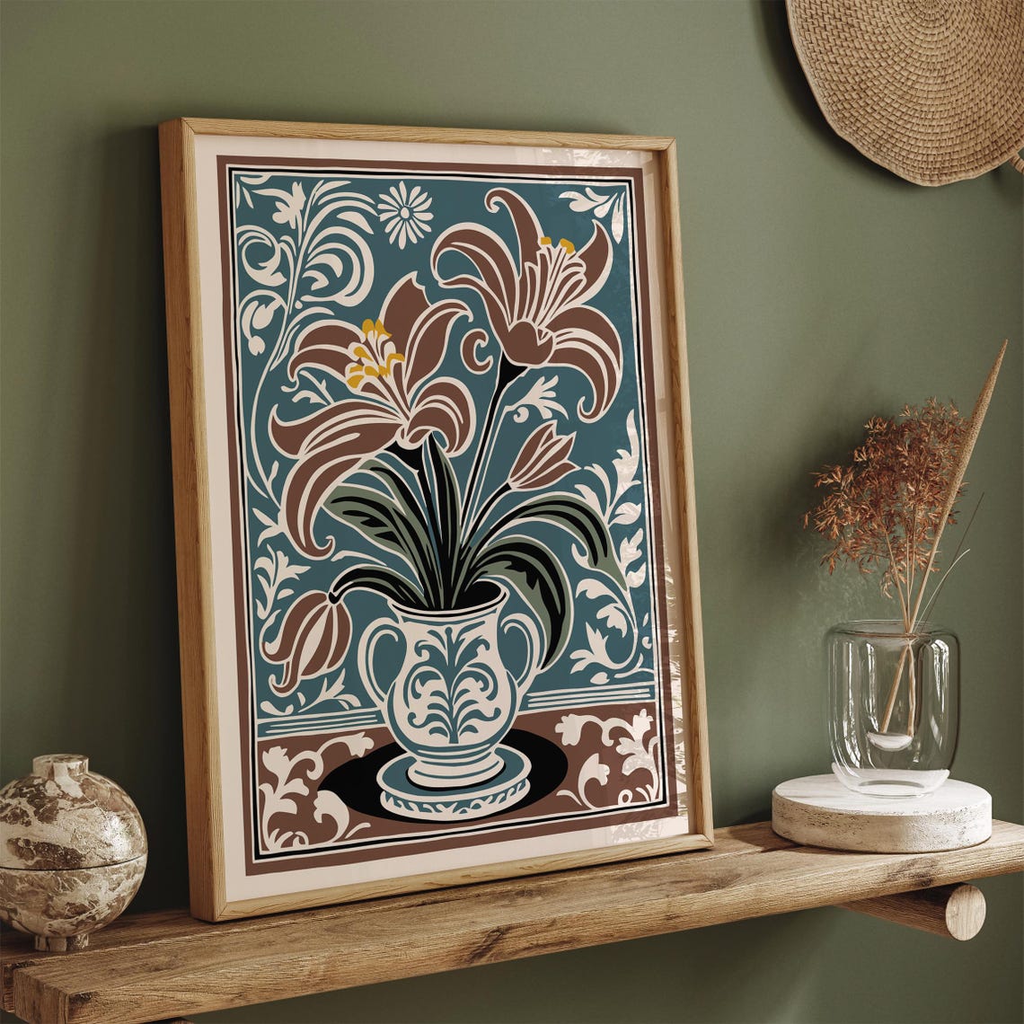 Art Nouveau Lilies In A Decorative Vase Floral Poster In Teal