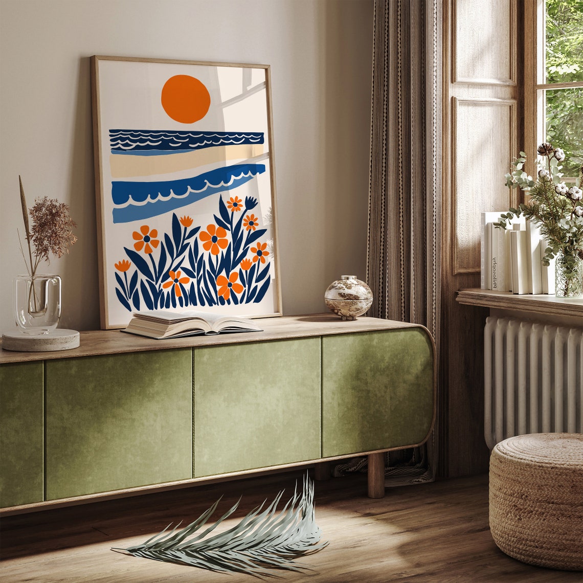 Abstract Floral Ocean Sunset Orange Sun Blue Waves Scene Poster - Image 3