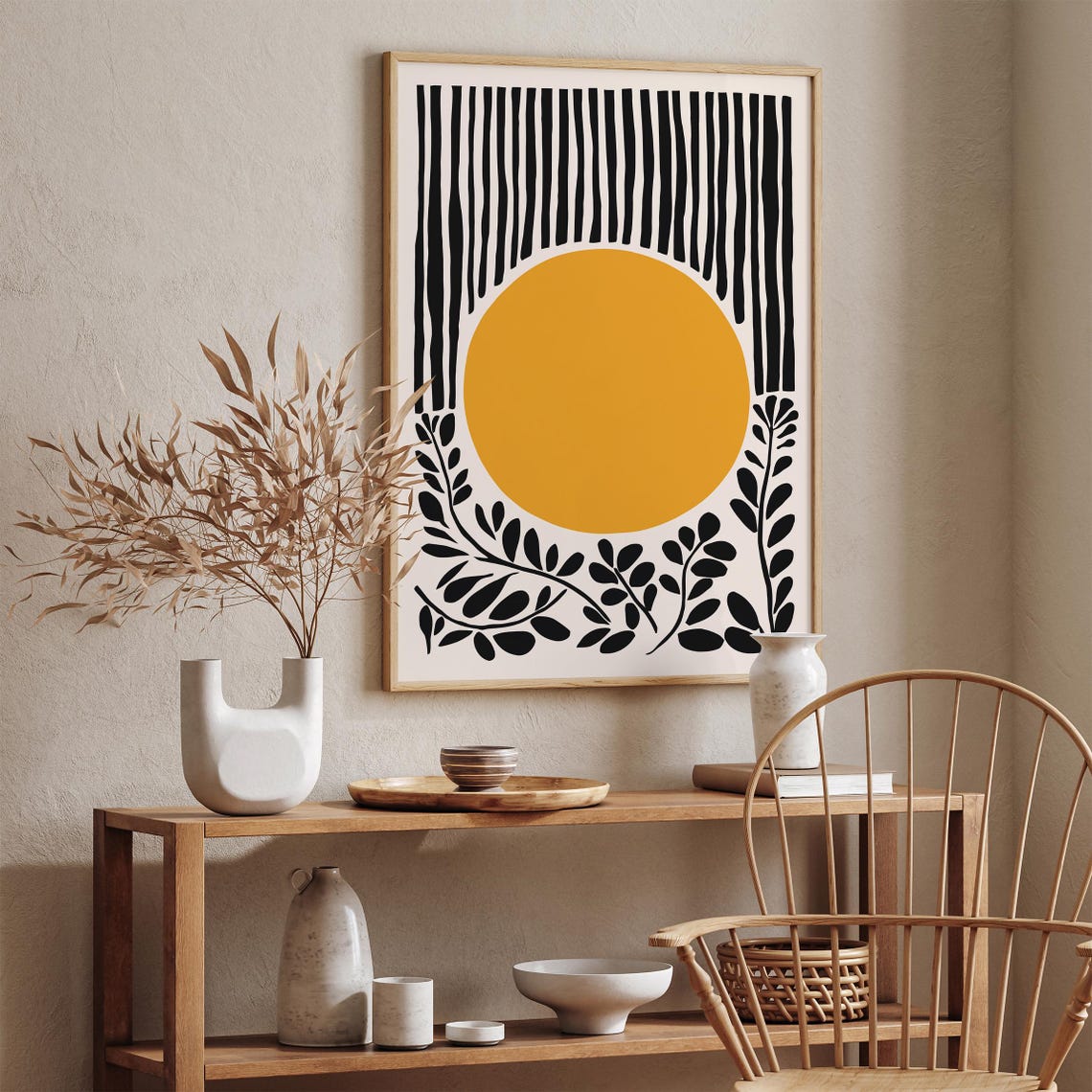 Mid Century Modern Yellow Sun Black Abstract Geometric Art Poster - Image 3