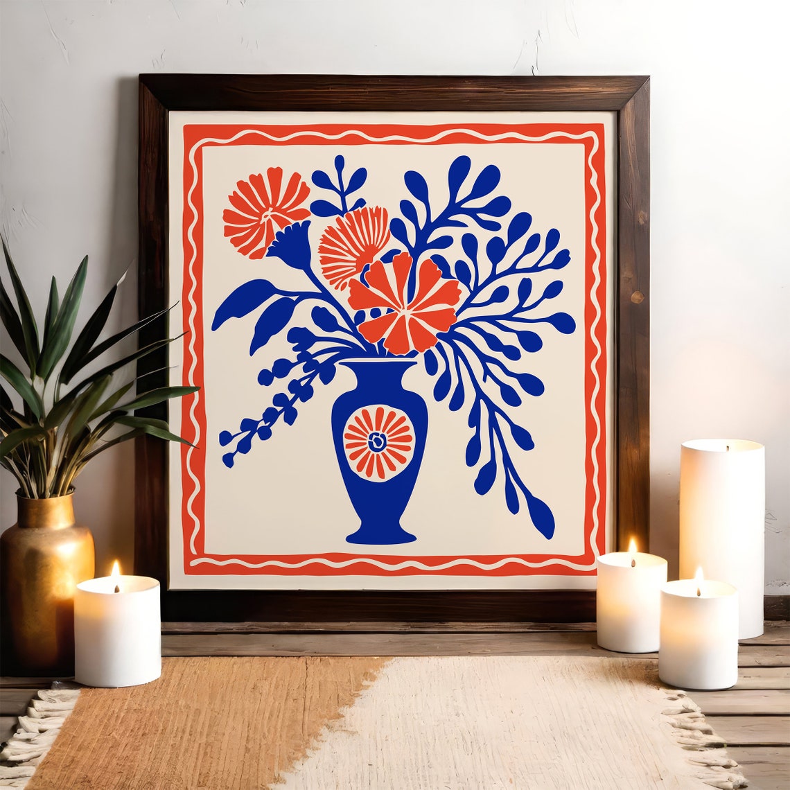 Blue Vase Red Flowers Retro Botanical Square Framed Wall Art - Image 5