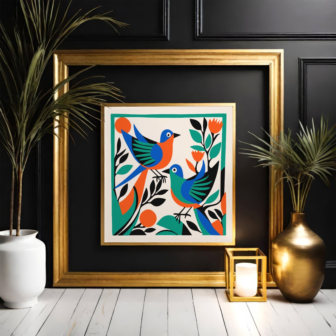 Colorful Retro Birds Square Folk Style Mid Century Modern Print - Image 2