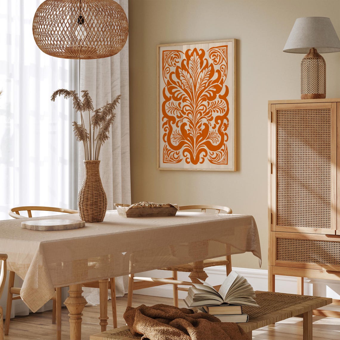 Ornate Burnt Orange Victorian Damask Pattern Poster On Cream - Image 2