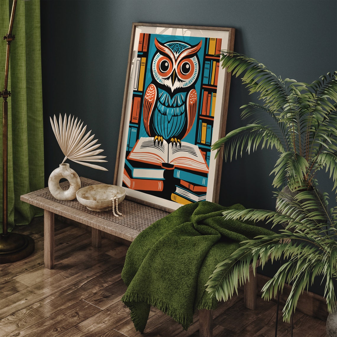 Vintage Owl Standing on Books Beside Library Bookshelf Art Poster - Image 5