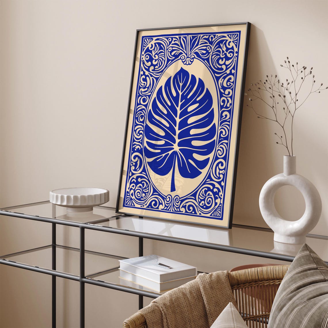 Blue Monstera Leaf Ornamental Tile Botanical Boho Art Poster - Image 6