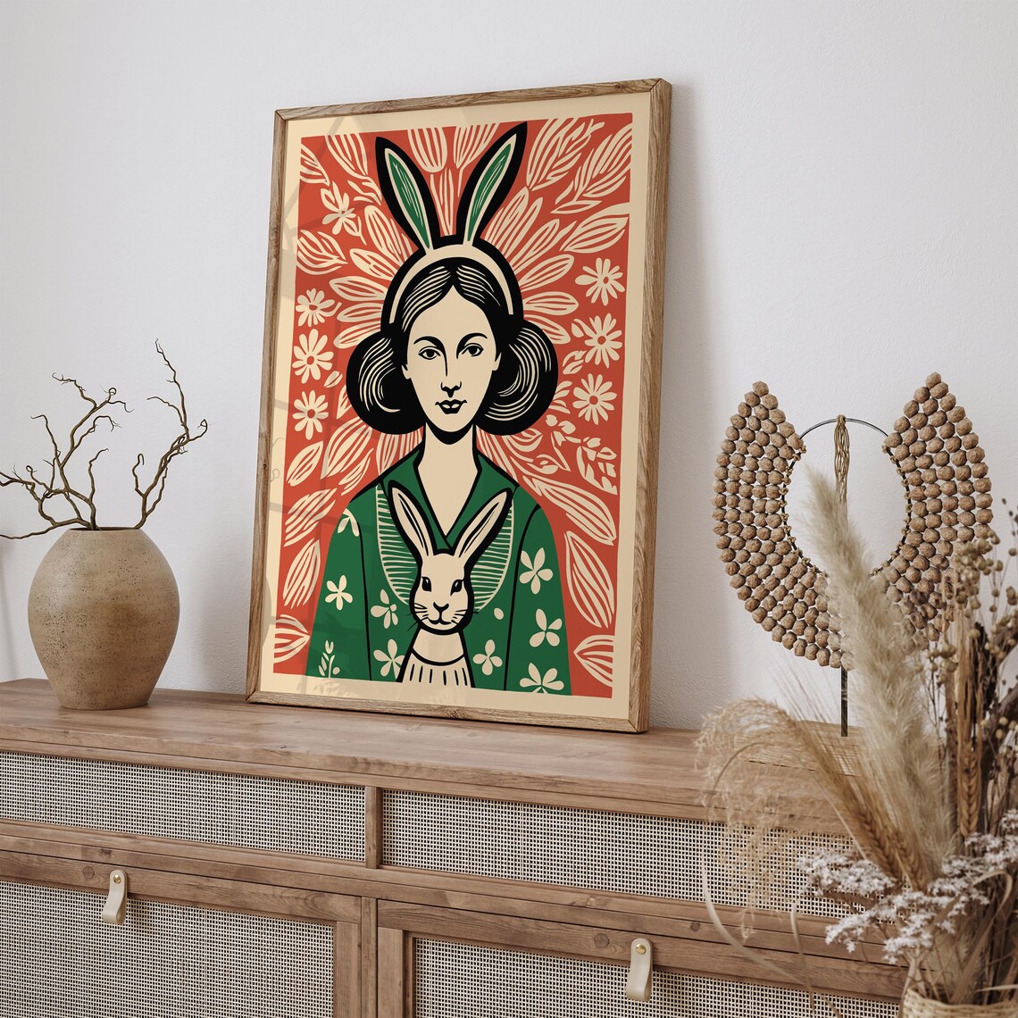 Whimsical Bunny Girl Vintage Linocut Style Animal Illustration Poster - Image 2