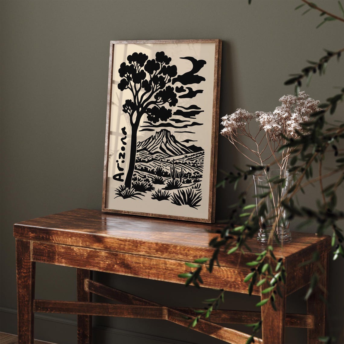 Arizona Black Ink Tree Mountain Desert Silhouette Graphic Poster - Image 4