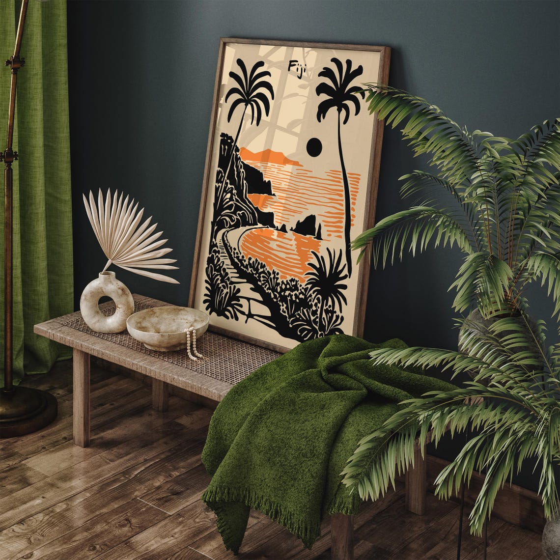 Fiji Tropical Sunset Beach Poster With Black Palm Silhouettes - Image 2