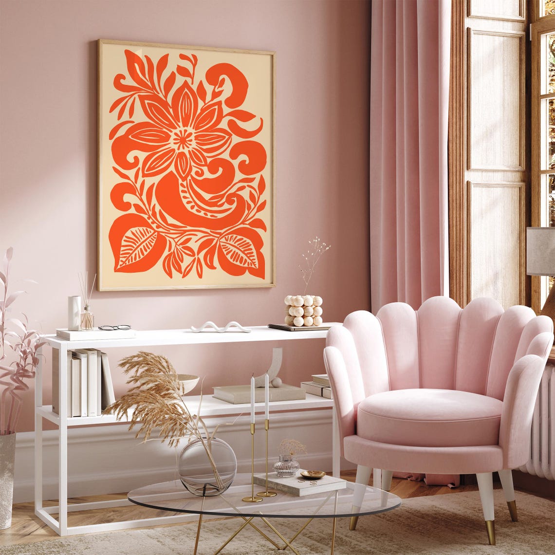 Bold Orange Folk Floral Pattern Modern Boho Style Wall Poster - Image 3