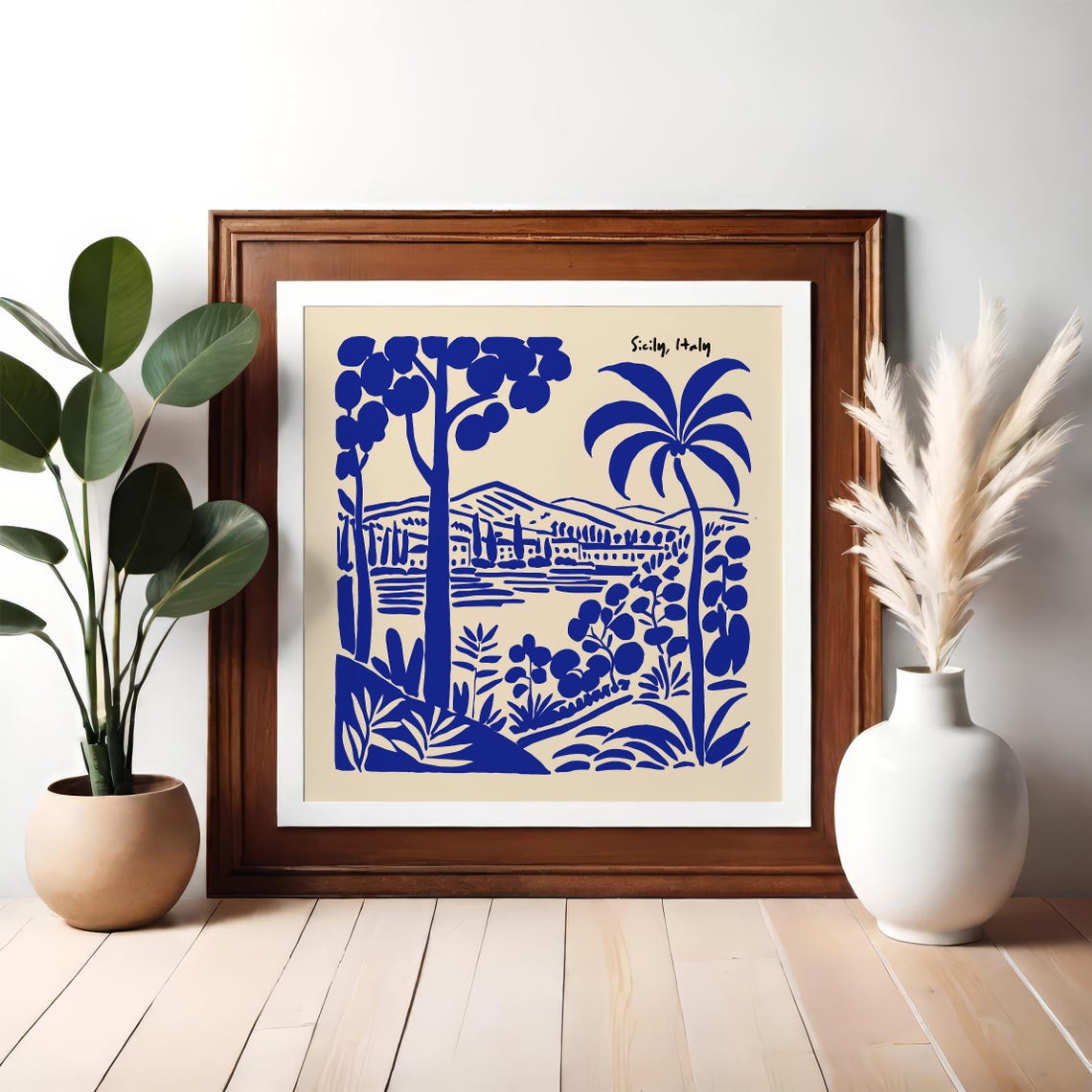 Sicily Italy Blue Ink Palm Landscape Linocut Travel Wall Poster - Image 4