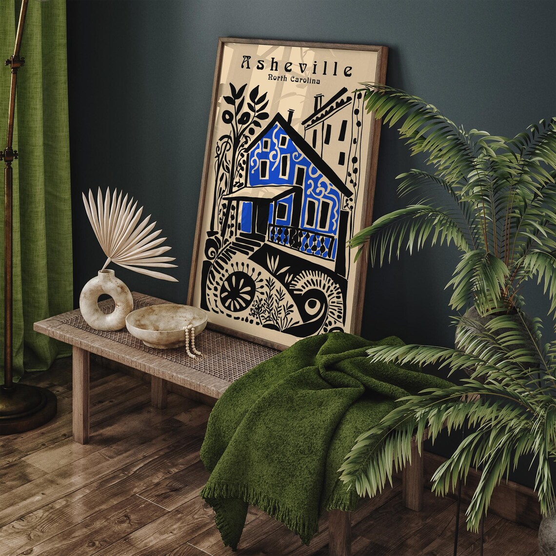Asheville North Carolina Blue House Boho Folk Art Travel Poster - Image 4