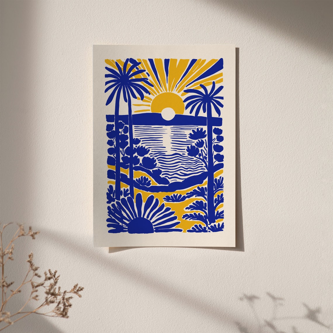 Sunrise Beach Paradise Blue Yellow Coastal Waves Palms Art Poster - Image 5