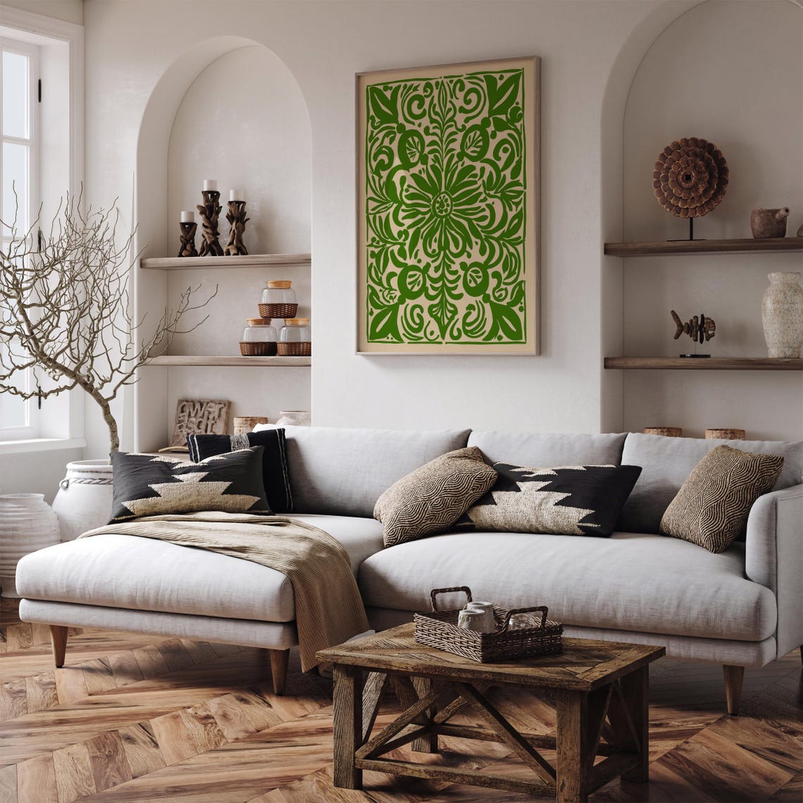 Green Symmetrical Folk Floral Ornamental Pattern Wall Poster - Image 5