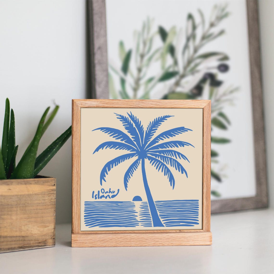 Oahu Island Blue Palm Tree Over Calm Ocean Minimal Art Poster - Image 5