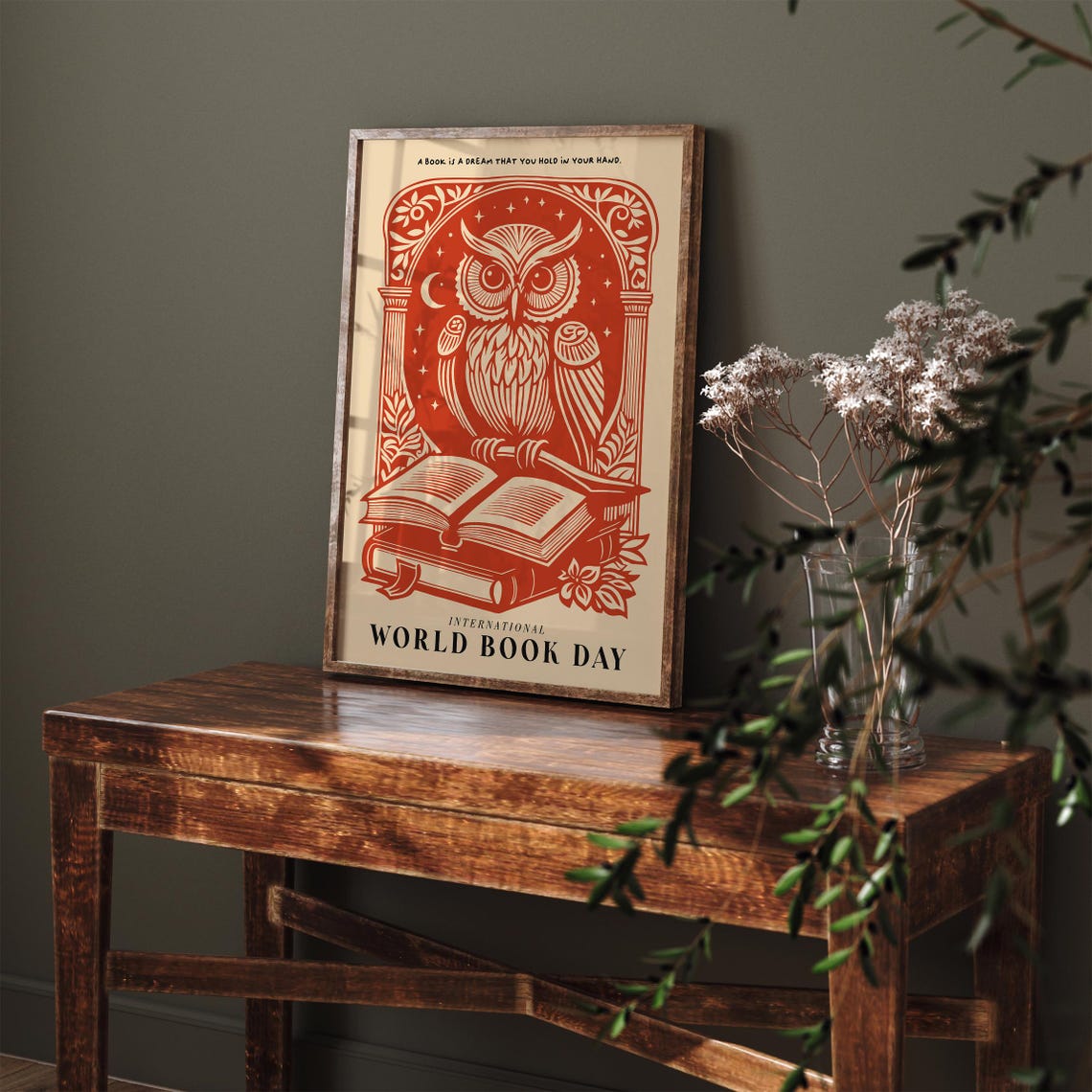 World Book Day Red Owl Reading Books Inspirational Quote Poster - Image 3