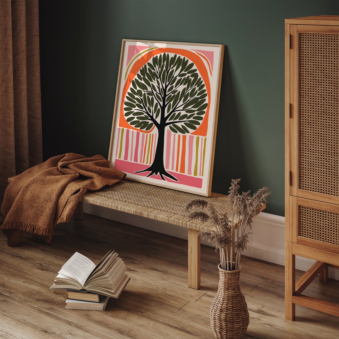 Tree Of Life Green Leaves Orange Pink Retro Nature Art Poster - Image 4