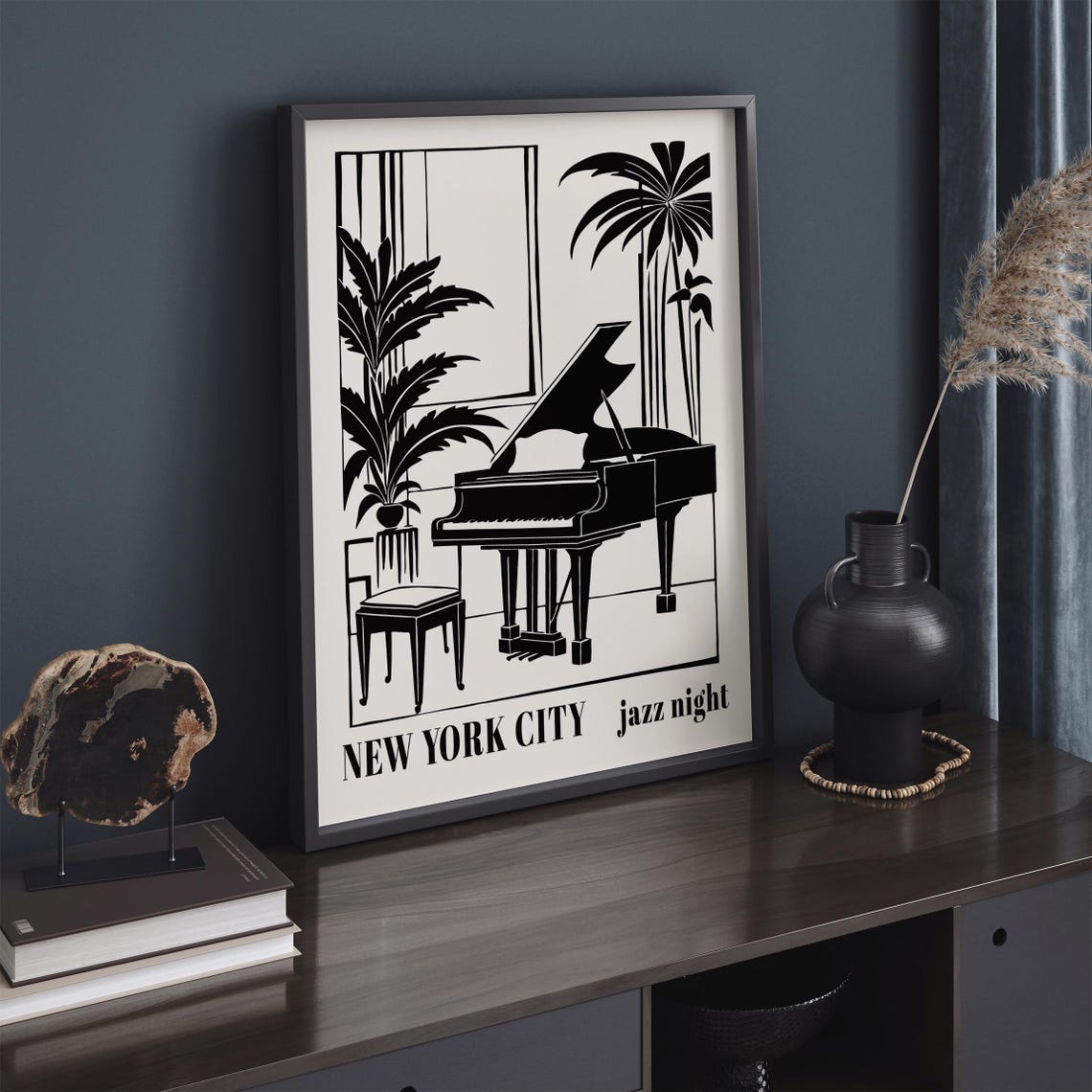 New York City Jazz Night Grand Piano Palm Window Scene Poster - Image 4