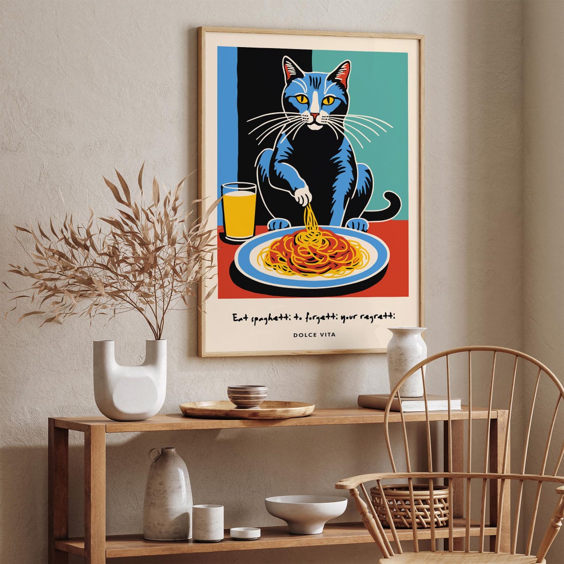 Blue Cat Spaghetti Poster Dolce Vita Eat Spaghetti To Forget Regretti - Image 2