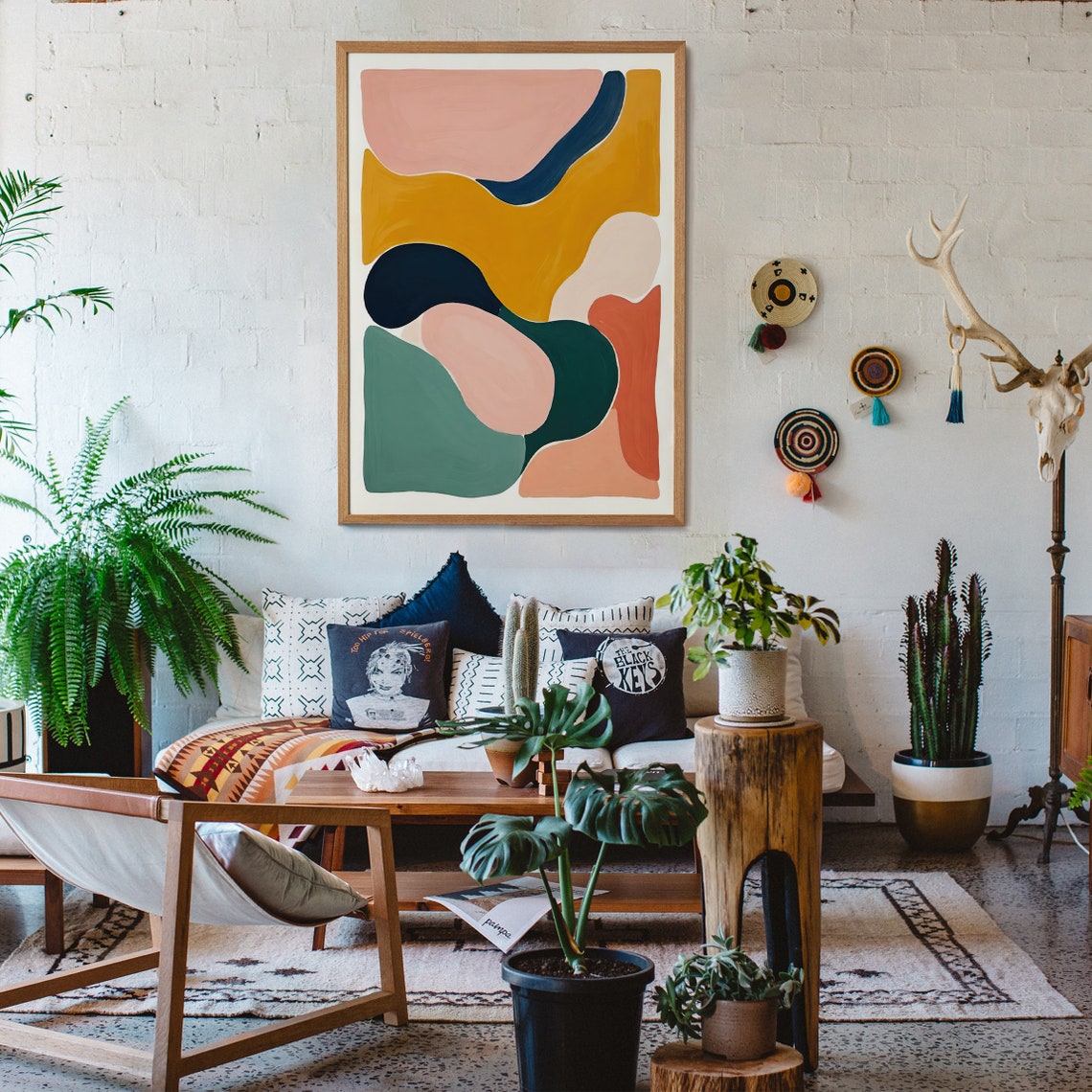 Boho Abstract Organic Shapes Mustard Blush Teal Modern Poster - Image 3