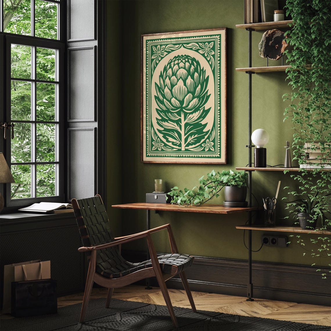 Green Artichoke Botanical Folk Linocut Style Kitchen Wall Poster - Image 4