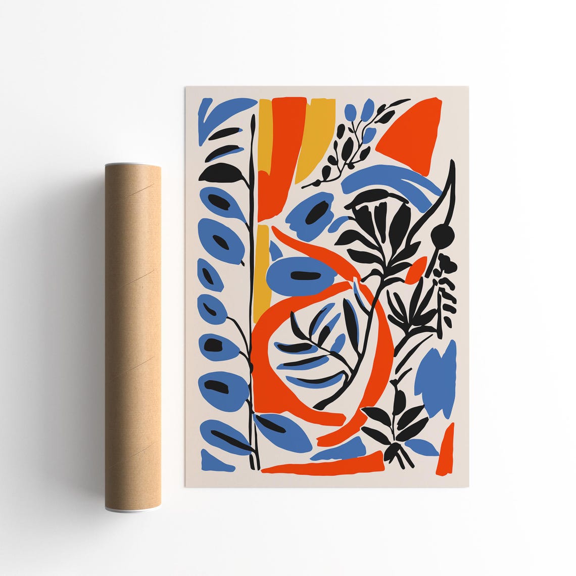 Abstract Botanical Poster With Bold Blue Red And Yellow Leaves