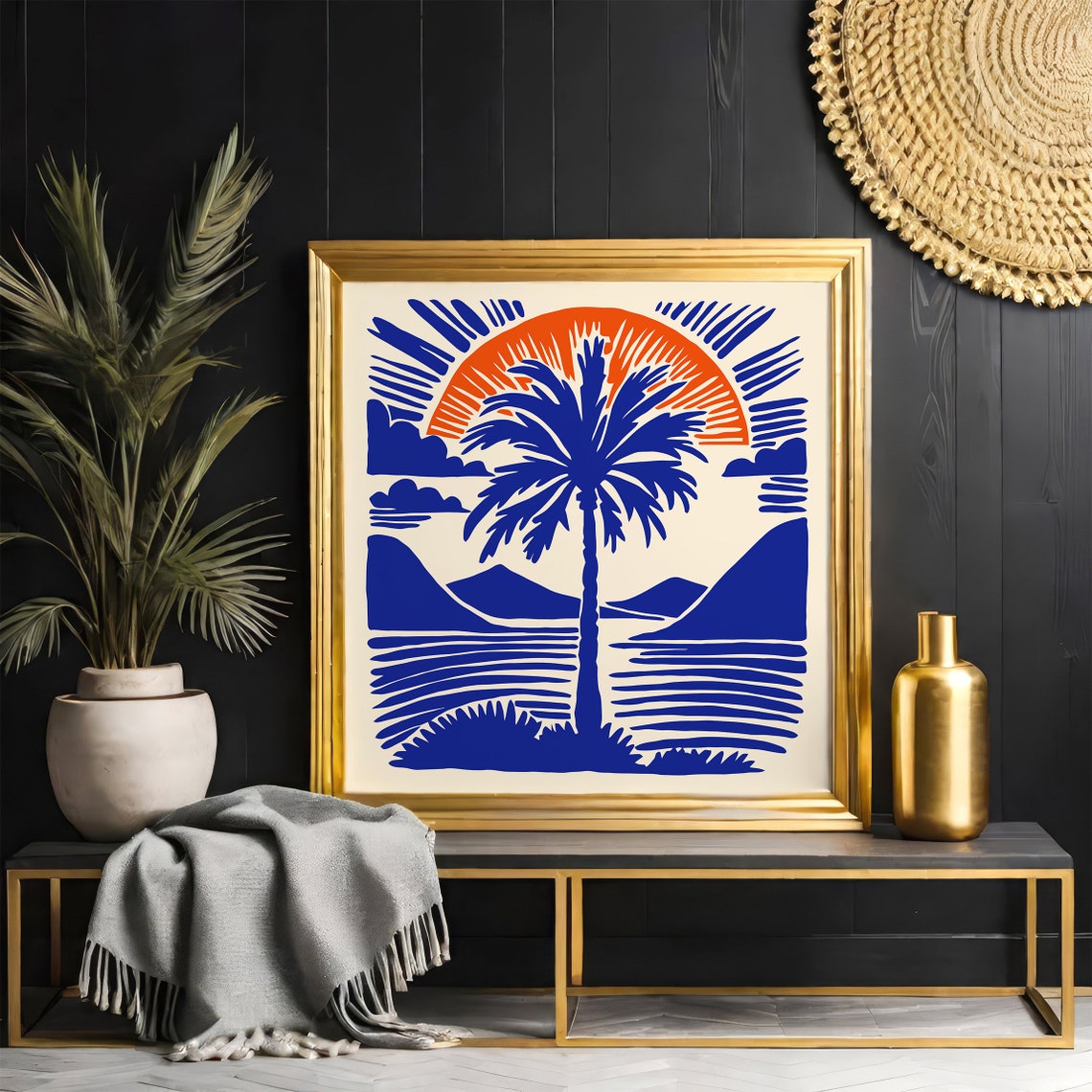 Blue Palm Tree Sunset Ocean Waves Bold Graphic Square Art Poster - Image 2