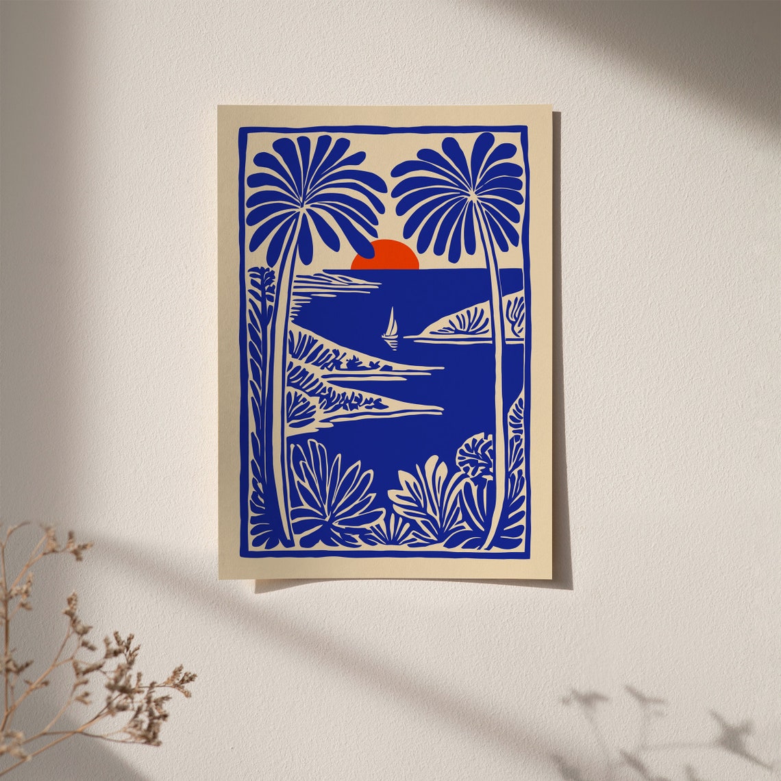 Tropical Sunset Sailboat Blue Linocut Style Coastal Scene Poster - Image 4