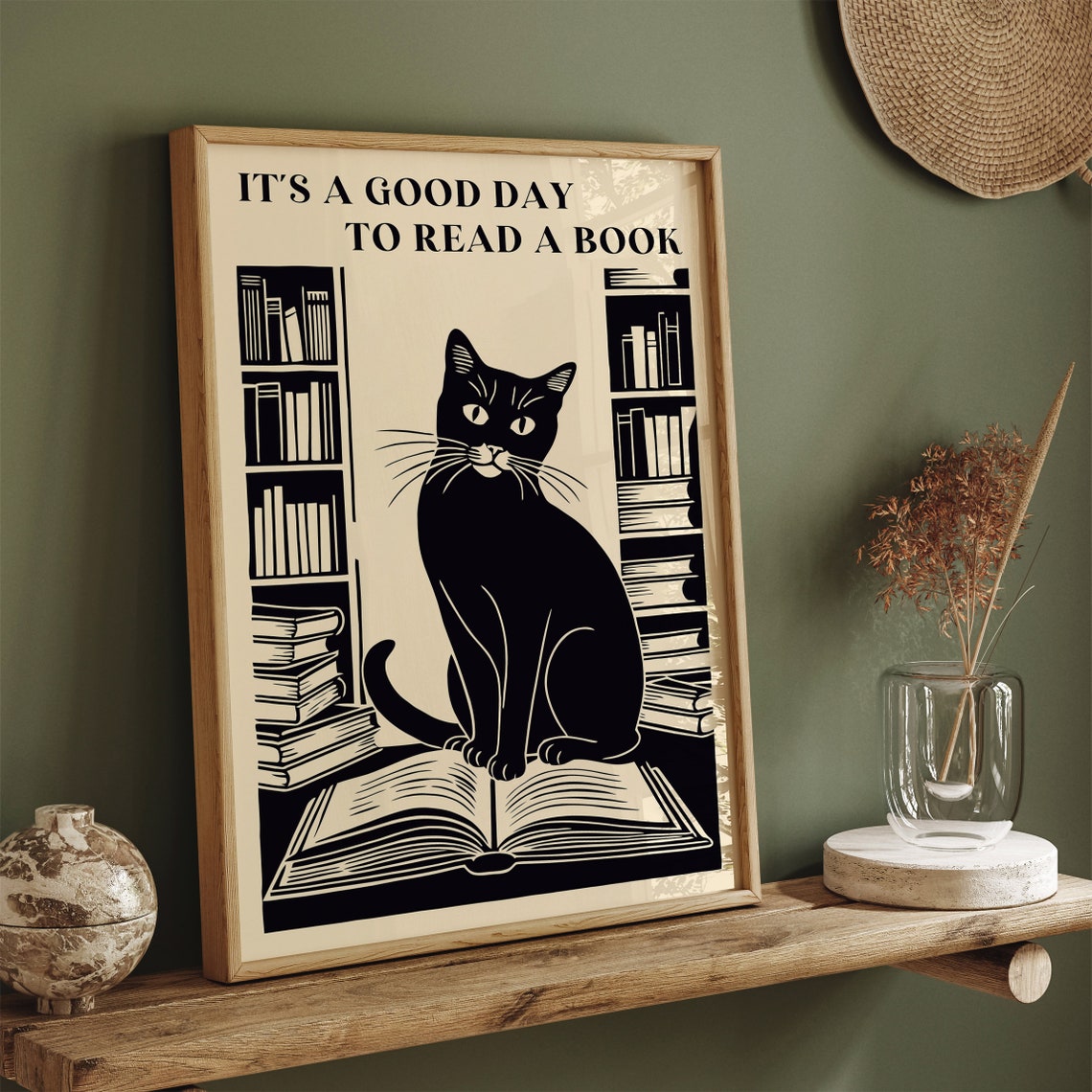 Good Day To Read A Book Black Cat Library Literary Quote Print - Image 2