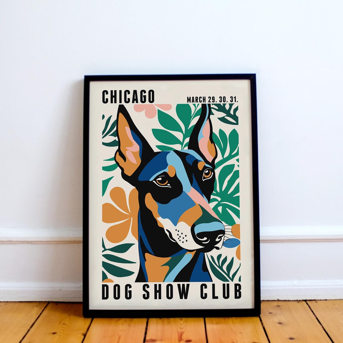 Chicago Dog Show Club Doberman Pop Art Poster With Tropical Leaves - Image 4