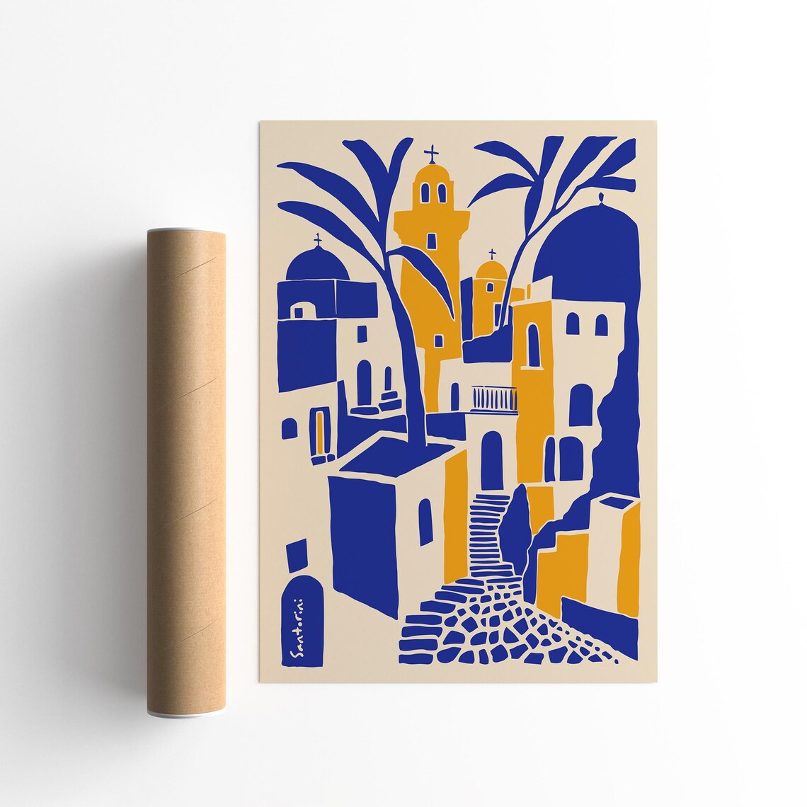 Colorful Santorini Village Poster In Blue And Warm Ochre Tones
