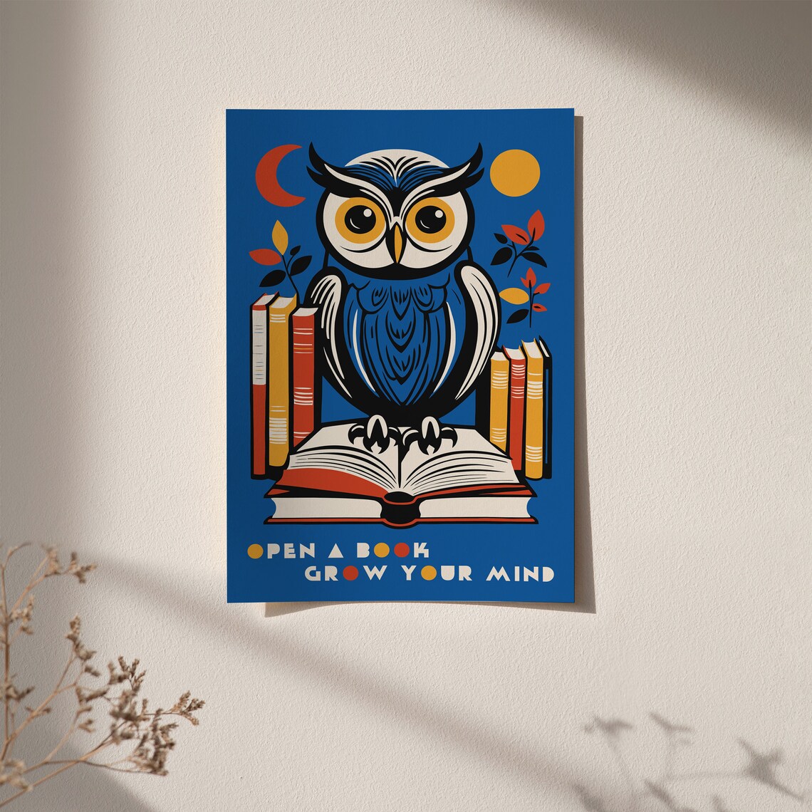 Owl Open a Book Grow Your Mind Motivational Literary Quote Poster - Image 2