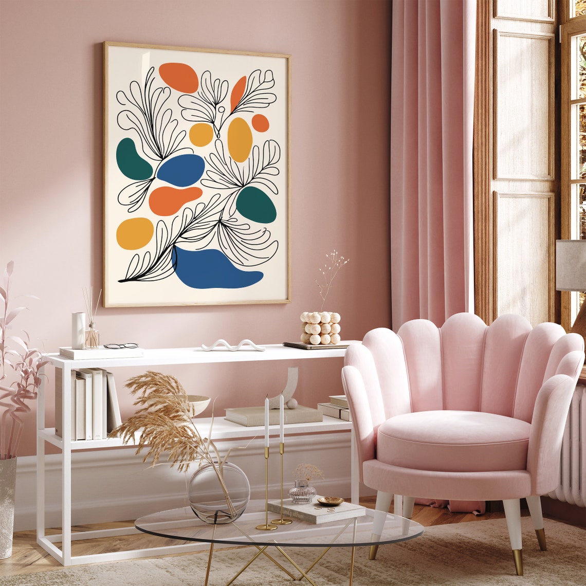 Abstract Botanical Line Art Poster with Colorful Mid Century Shapes - Image 2