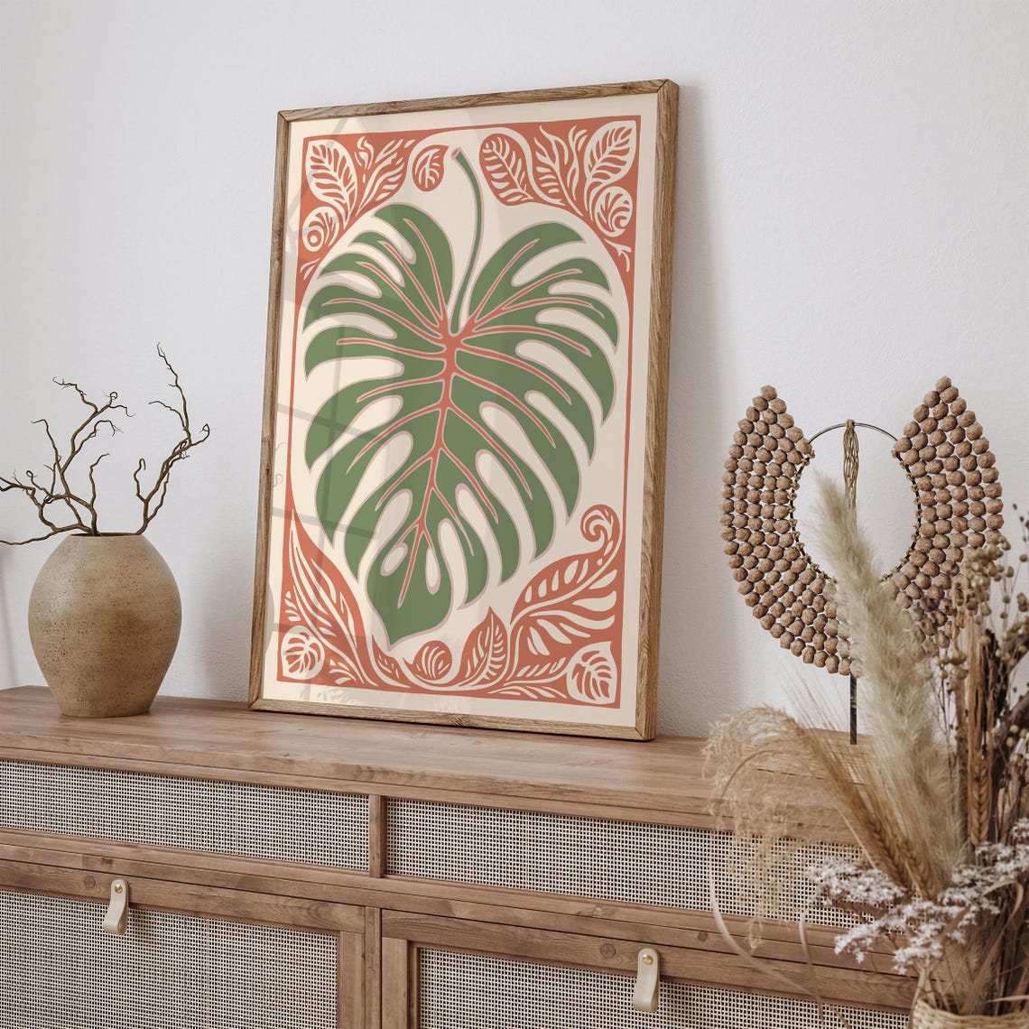 Green Monstera Leaf Linocut Tropical Botanical Terracotta Art Poster - Image 2