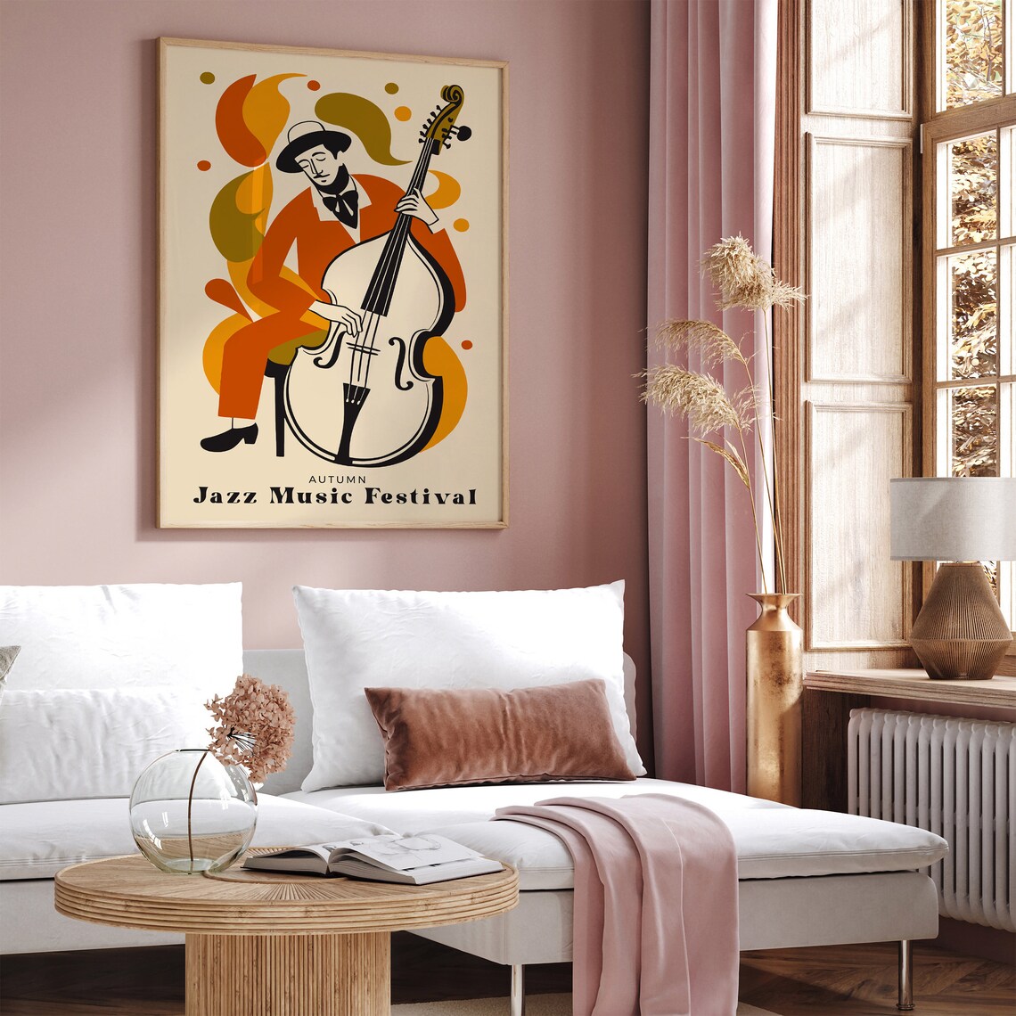Autumn Jazz Music Festival Double Bass Player Retro Art Poster - Image 3