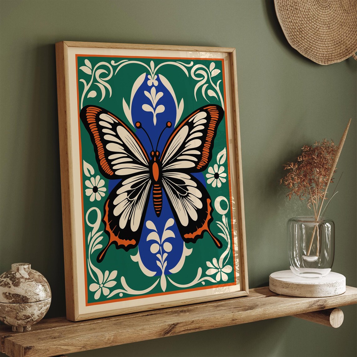 Art Nouveau Butterfly Poster Green Blue and Orange Vintage Style - Image 2