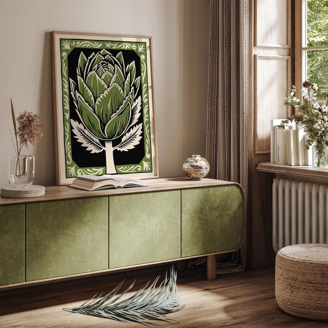 Green Artichoke Linocut in Ornate Border Farmhouse Kitchen Poster - Image 6