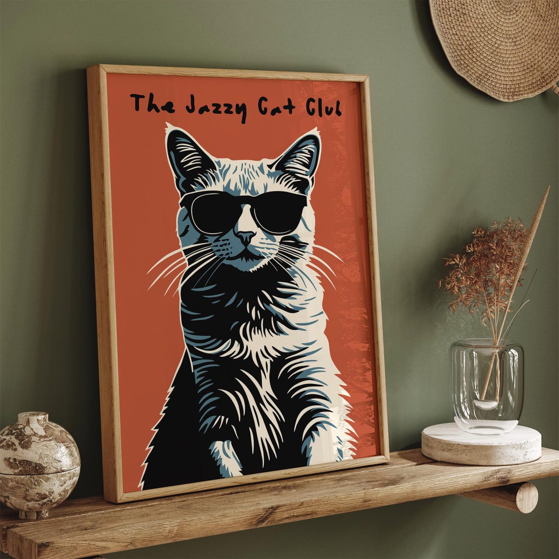 The Jazzy Cat Club Sunglasses Cat Orange Rust Vintage Poster - Image 2
