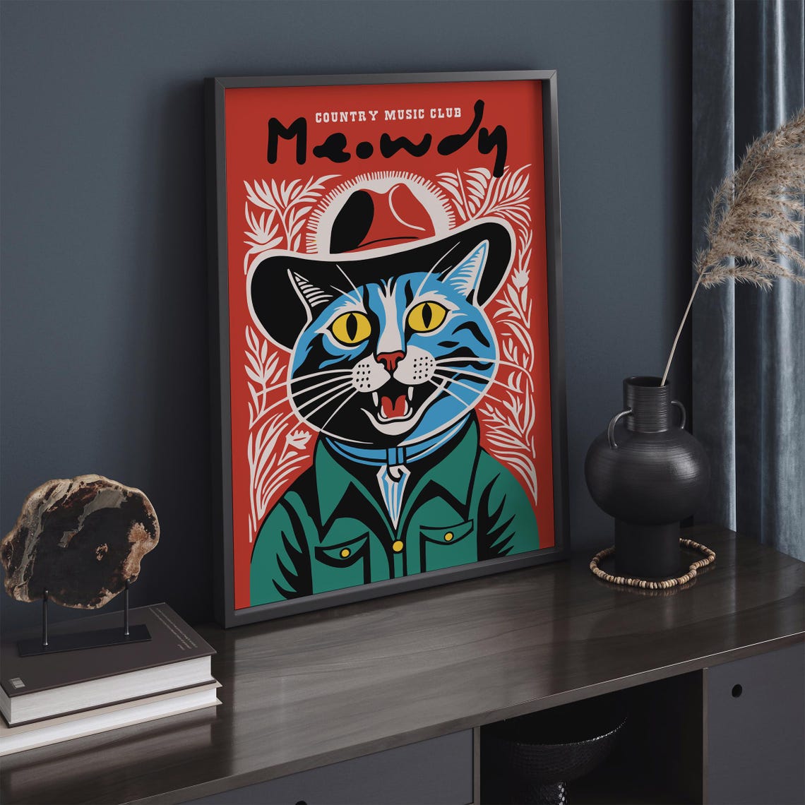 Meowdy Country Music Club Blue Cowboy Cat Grinning Red Poster - Image 4