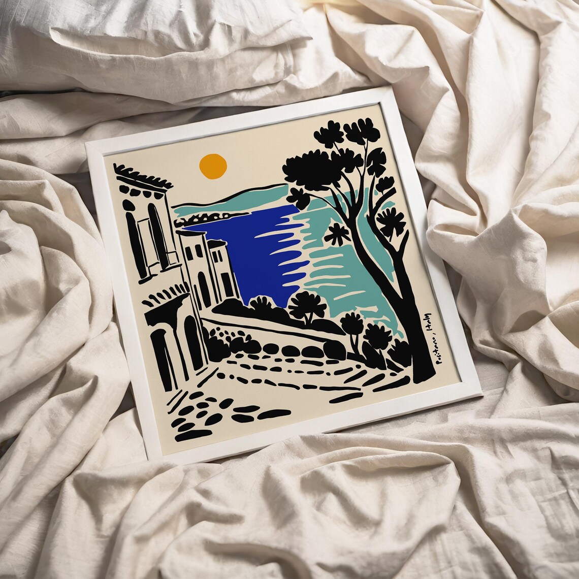 Positano Italy Coastal Street Blue Sea Linocut Travel Art Poster - Image 6
